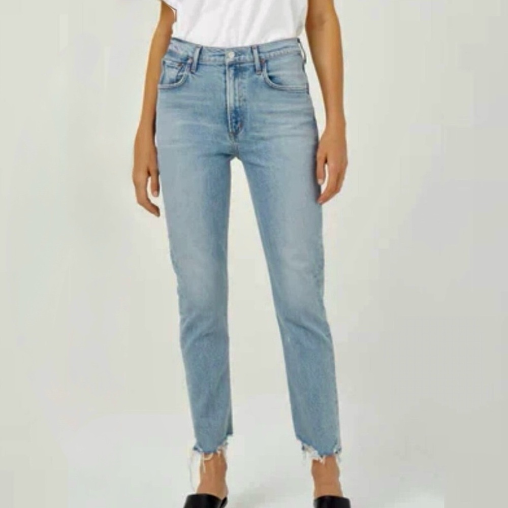 Agolde Size 29/8 Merrell Mid-Rise Light Wash Distressed Straight Cropped Jeans